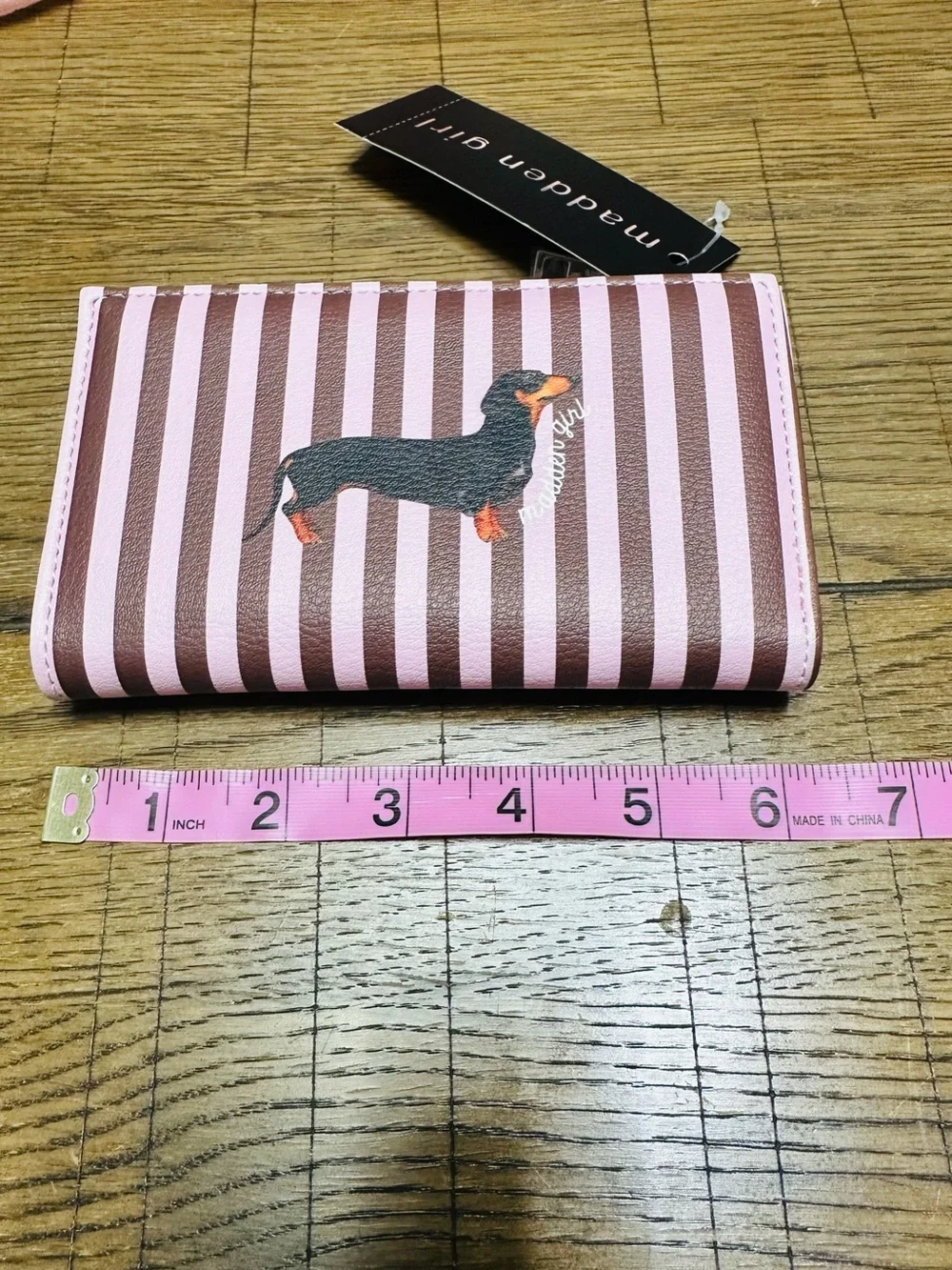 NWT Madden Girl Viral Pink & Brown Striped Dachshund Bifold Wallet